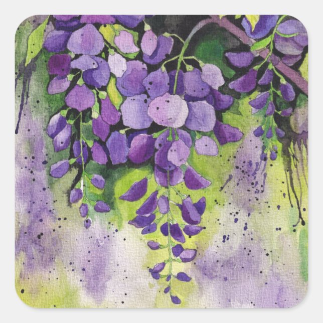 Beautiful Wisteria Flowers In Watercolor  Square Sticker (Front)