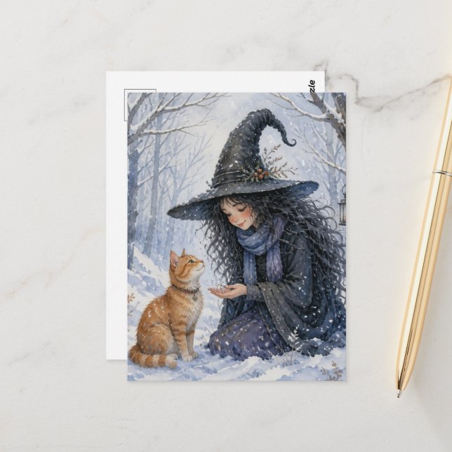 Beautiful Witch and Ginger Cat in Winter Forest Postcard (Front/Back In Situ)