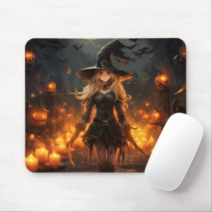 Beautiful Witch Halloween Night Pumpkins Mouse Pad