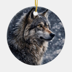 Beautiful Wolf in the Snow Winter Solstice Ceramic Tree Decoration