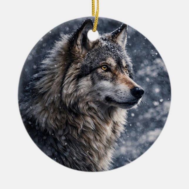 Beautiful Wolf in the Snow Winter Solstice  Ceramic Tree Decoration (Front)