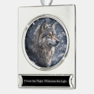 Beautiful Wolf in the Snow Winter Solstice Silver Plated Banner Ornament