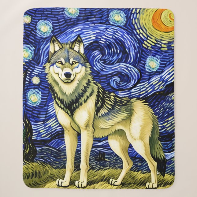 Beautiful Wolf in  the Starry Night Sherpa Blanket (Front)