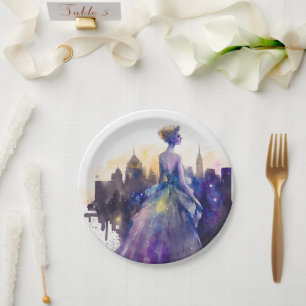 Beautiful Woman Abstract Fairytale City Princess Paper Plate