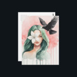 Beautiful Woman and Black Bird Postcard<br><div class="desc">A beautiful woman with a flower over her face and a black bird watercolor fantasy AI generated art</div>