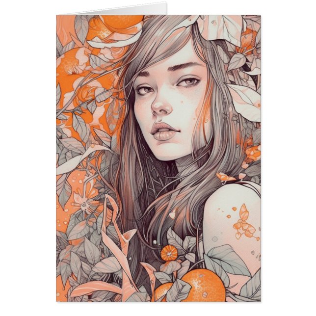 Beautiful Woman and Oranges Blank Inside Greeting  (Front)