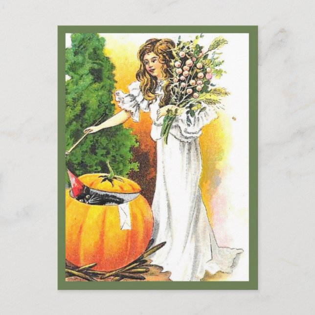 Beautiful Woman and Pumpkin - Vintage Halloween Postcard (Front)