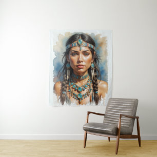 Beautiful Woman Boho Native American With Jeweller Tapestry