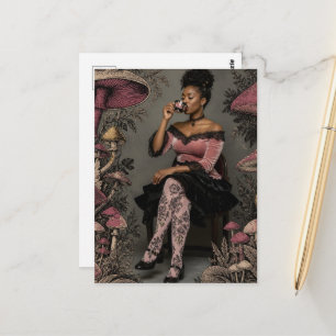 Beautiful Woman Drinks Tea Pink Mushrooms Postcard