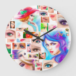 Beautiful Woman face collage. Large Clock