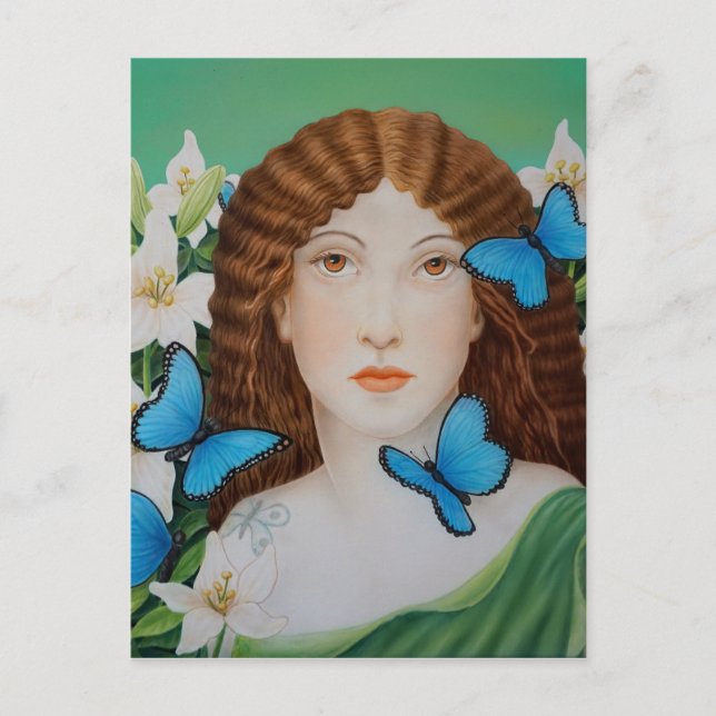 Beautiful Woman Face with Butterfly and Flowers Postcard (Front)