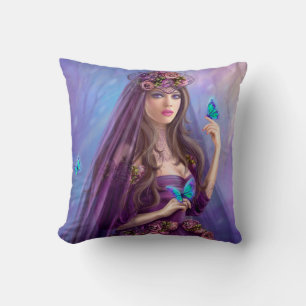 Beautiful woman fairy and blue butterflies. Famtas Cushion