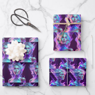 Beautiful Woman in Blue and Purple Icy Glass  Wrapping Paper Sheet
