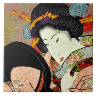 Beautiful Woman in Mirror by Utagawa Kunimaru Tile