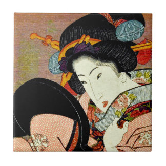 Beautiful Woman in Mirror by Utagawa Kunimaru Tile