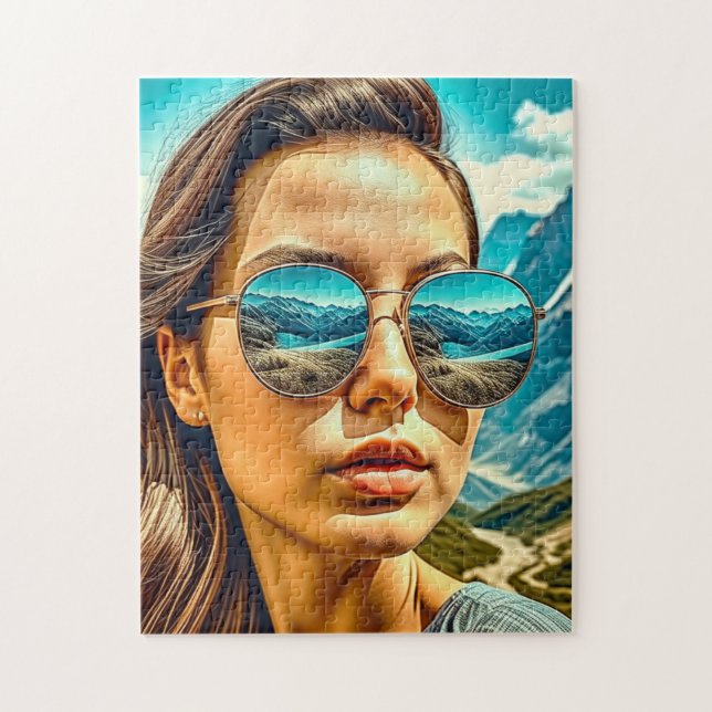 Beautiful Woman in Sunglasses Mountain Reflectoin Jigsaw Puzzle (Vertical)