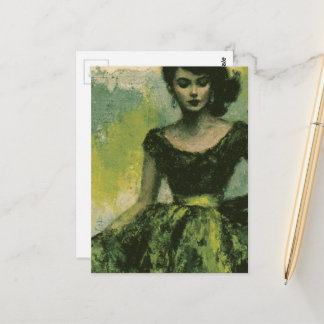 Beautiful Woman in the 1950s Green Dress Postcard