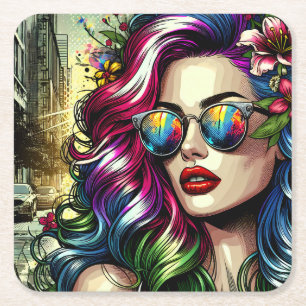 Beautiful Woman in the City Square Paper Coaster