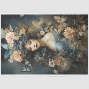 Beautiful Woman in Vintage Dress with Butterflies Tissue Paper