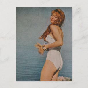 Beautiful Woman in White Swimsuit in 1957 Postcard