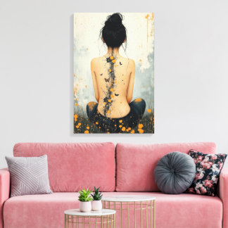 Beautiful Woman, Ink, Wildflowers and Butterflies Canvas Print