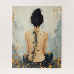 Beautiful Woman, Ink, Wildflowers and Butterflies Jigsaw Puzzle