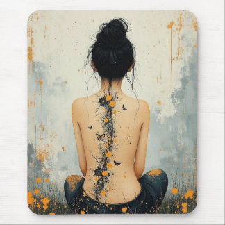 Beautiful Woman, Ink, Wildflowers and Butterflies Mouse Pad