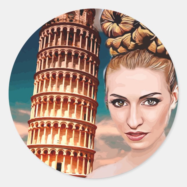 Beautiful woman leaning tower of pisa abstract art classic round sticker (Front)