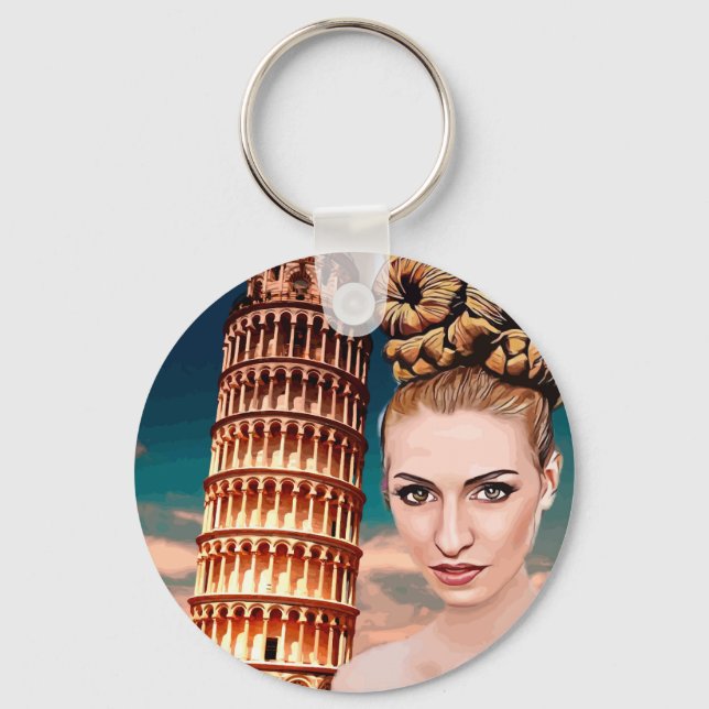 Beautiful woman leaning tower of pisa abstract art key ring (Front)