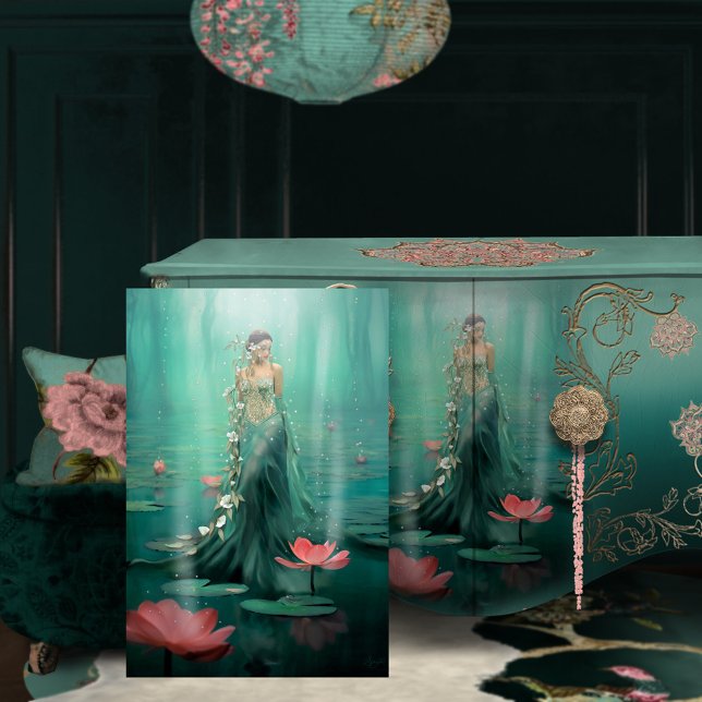 Beautiful Woman Lotus Water Emerald Green  Tissue Paper (Arise Woman in the Lotus marsh Portrait art Furniture Decoupage Mock Up)