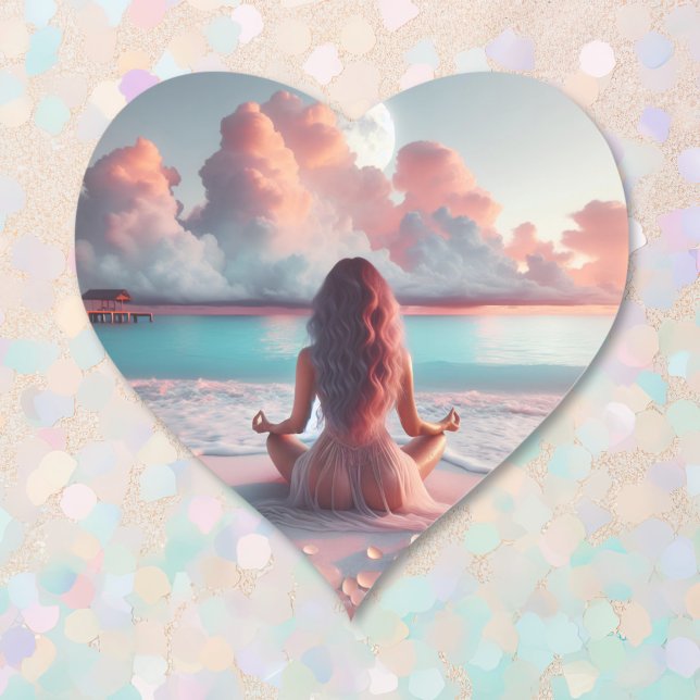 Beautiful Woman Meditating on Beach Blank Heart Sticker (Creator Uploaded)