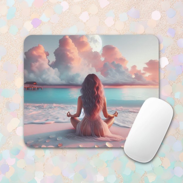 Beautiful Woman Meditating on Beach Blank Mouse Pad (Creator Uploaded)