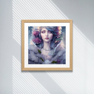 Beautiful Woman of Winter Floral and Snow Poster