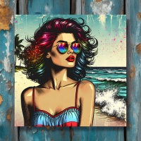 Beautiful Woman on Beach Comic Book Pop Art