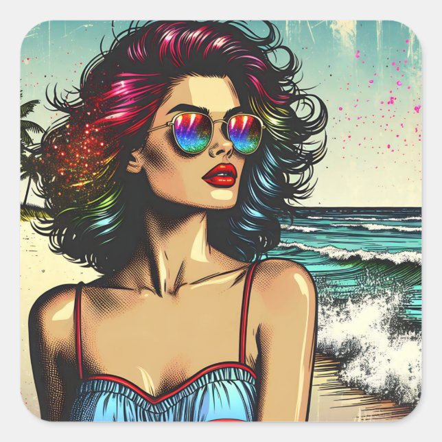 Beautiful Woman on Beach Comic Book Pop Art Square Sticker (Front)