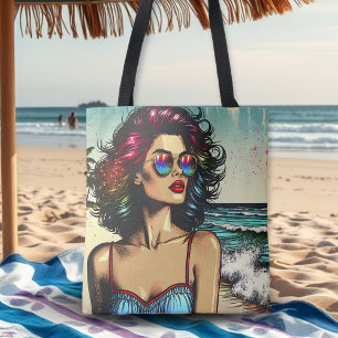 Beautiful Woman on Beach Comic Book Pop Art Tote Bag