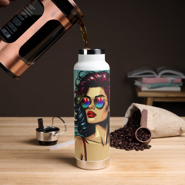 Beautiful Woman on Beach Comic Book Pop Art Water Bottle (Coffee)