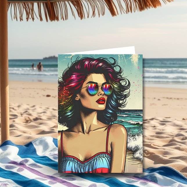 Beautiful Woman on Beach Pop Art Birthday Card (Creator Uploaded)