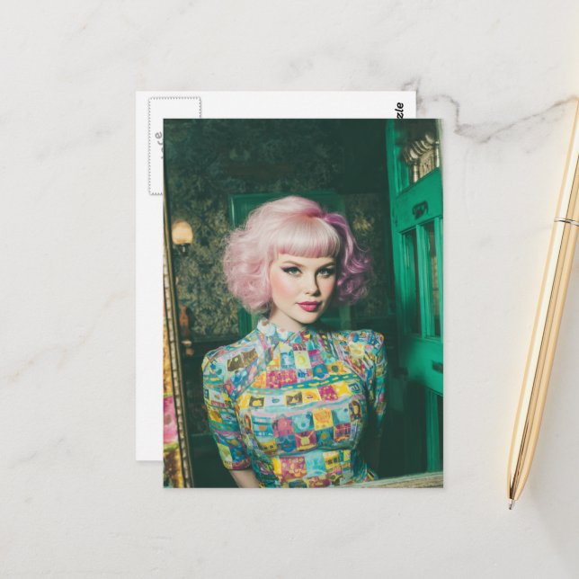 Beautiful Woman Pink Hair in the Mirror Postcard (Front/Back In Situ)