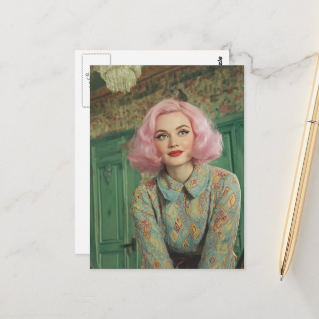 Beautiful Woman Pink Hair Retro House Postcard (Front/Back In Situ)