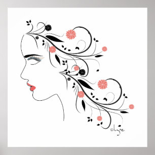 Beautiful Woman Profile with flowers and swirls Poster