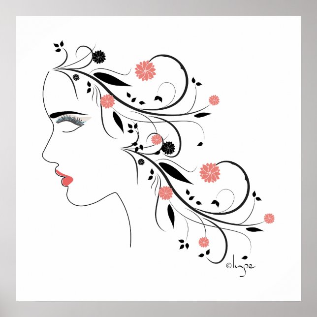 Beautiful Woman Profile with flowers and swirls Poster (Front)