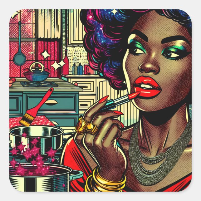 Beautiful Woman Putting on Lipstick Square Sticker (Front)