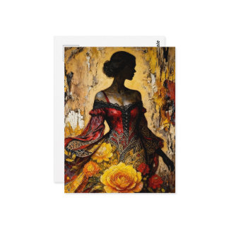 Beautiful Woman Red Dress Yellow Roses Postcard