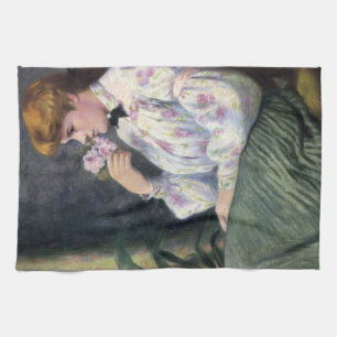 Beautiful Woman Smelling Flowers' Scent (Reverie) Tea Towel