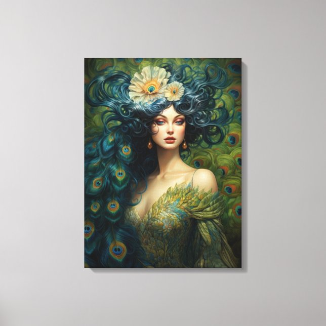 Beautiful Woman Surrounded by Peacock Feathers Canvas Print (Front)