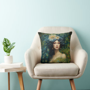 Beautiful Woman Surrounded by Peacock Feathers Cushion