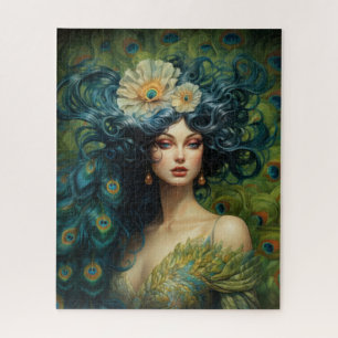 Beautiful Woman Surrounded by Peacock Feathers Jigsaw Puzzle