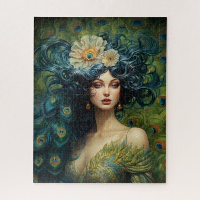 Beautiful Woman Surrounded by Peacock Feathers Jigsaw Puzzle (Vertical)