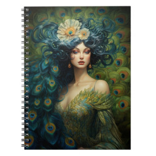 Beautiful Woman Surrounded by Peacock Feathers Notebook